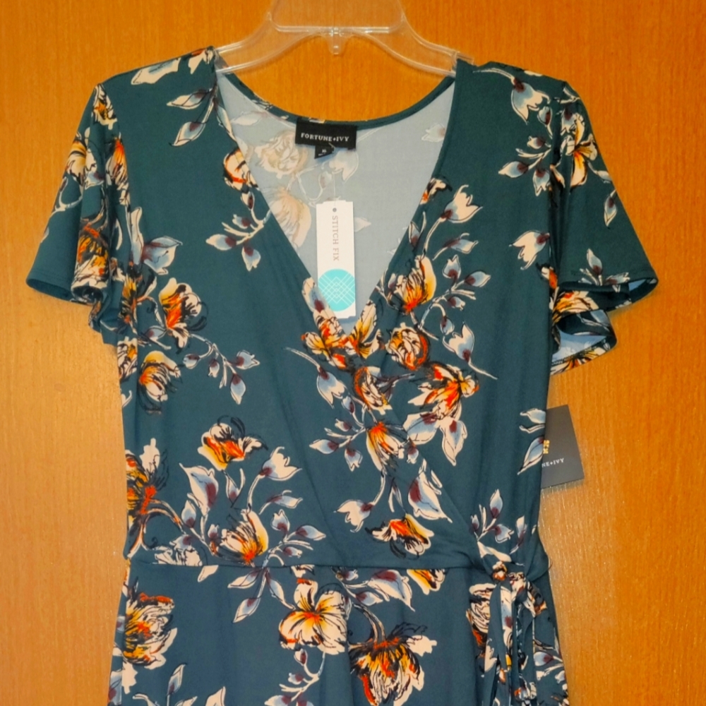 Fortune + Ivy XL dark green faux wrap dress